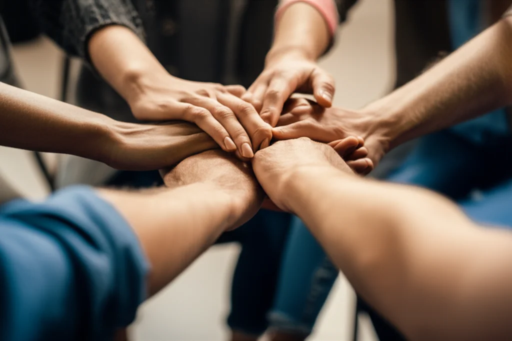 Photorealistic image of a support group meeting, diverse hands holding each other in a circle, subtle depth of field, 35mm lens, warm and supportive lighting.