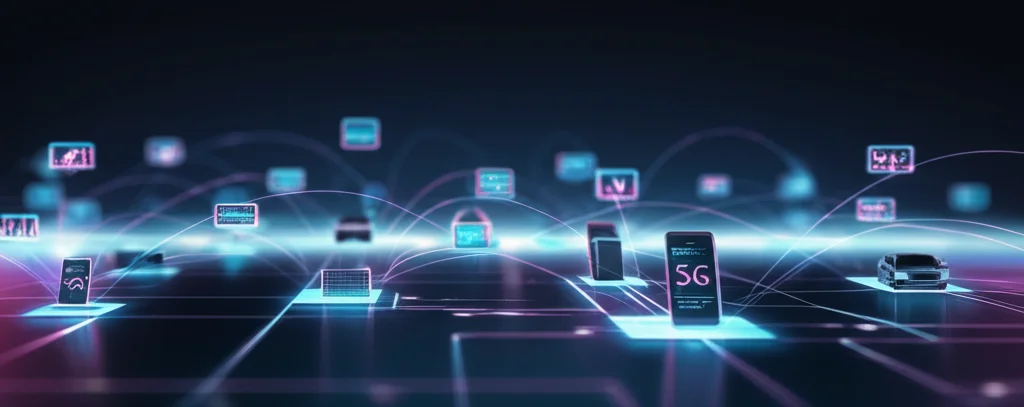 Visualizzazione astratta di una rete 5G che connette dispositivi IoT diversi (sensori, smartphone, auto) a nodi edge computerizzati, con linee luminose blu e viola che rappresentano il flusso di dati. Wide-angle lens, 15mm, sharp focus, illuminazione futuristica.