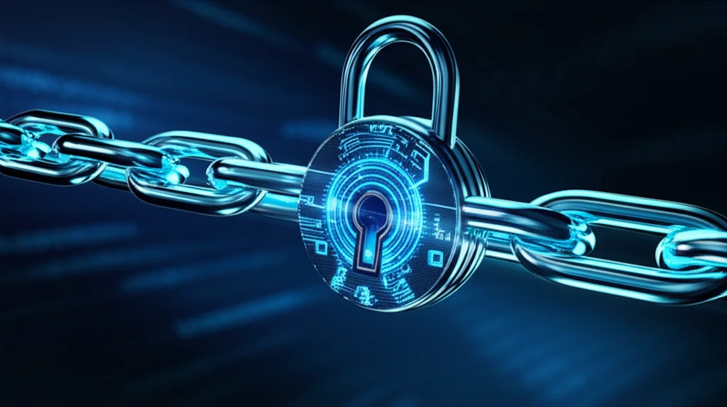 Primo piano macro di un lucchetto digitale luminoso sovrapposto a una catena di blocchi stilizzata su sfondo scuro con dati binari sfocati. Macro lens, 90mm, high detail, precise focusing, luce controllata con riflessi metallici blu.