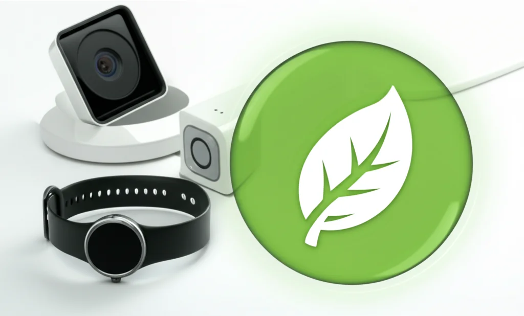 Fotografia still life di diversi dispositivi IoT (sensore ambientale, smartwatch, piccola telecamera) su superficie bianca, con icona verde luminosa a forma di foglia accanto. Prime lens, 50mm, depth of field, illuminazione morbida e naturale.