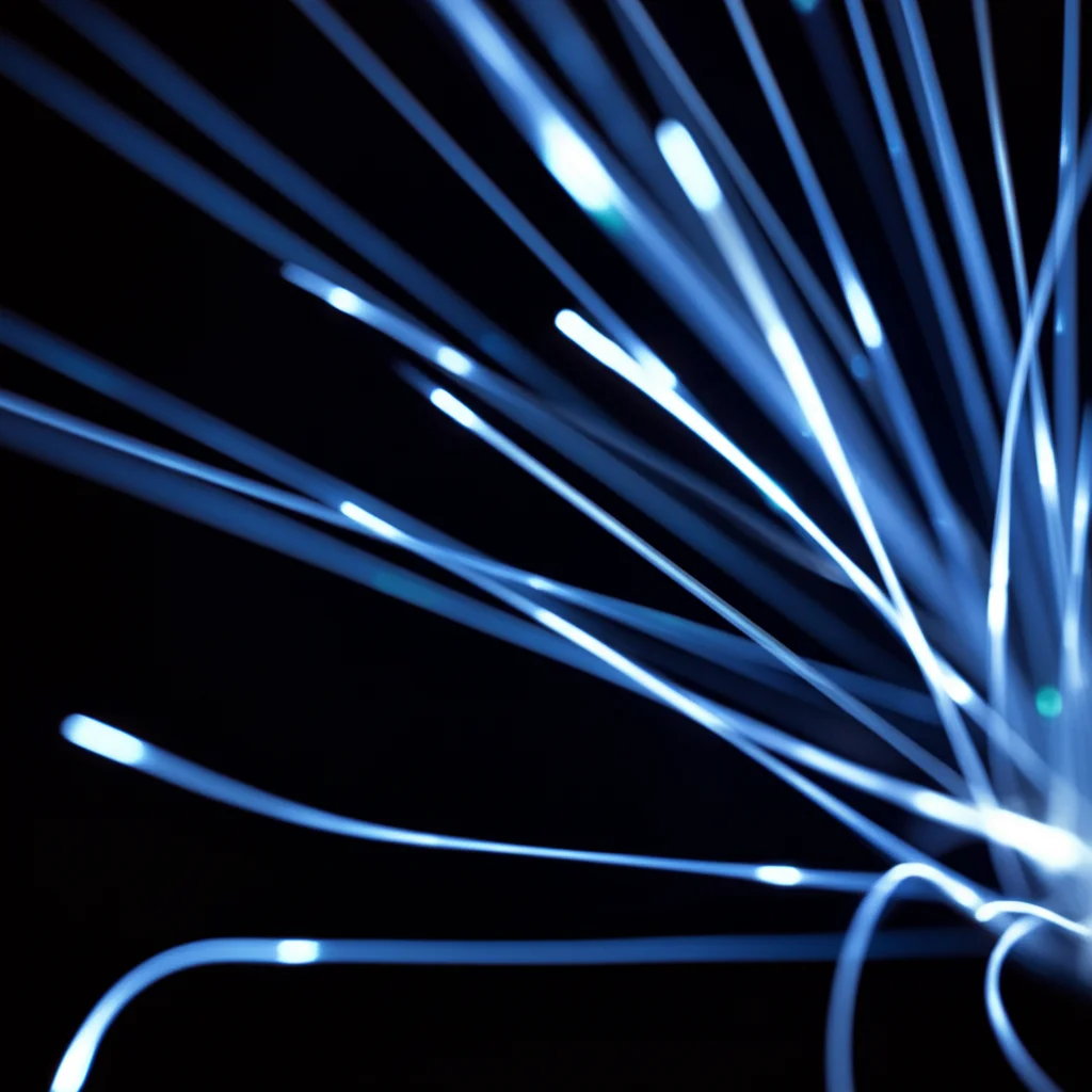 Fotografia concettuale astratta di particelle subatomiche sfuggenti che viaggiano attraverso un mezzo cosmico, con scie luminose che si sovrappongono e si separano, obiettivo prime 35mm, stile film noir con dominanza di blu profondi e grigi, profondità di campo ridotta per focalizzare su alcune scie.