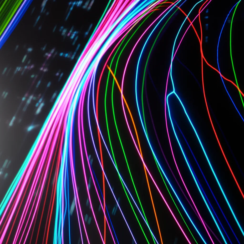 Visualizzazione di dati scientifici astratti che mostrano curve di probabilità di oscillazione dei neutrini su uno schermo digitale futuristico, con linee luminose colorate (magenta, verde, blu, ciano, rosso) che si separano e convergono, illuminazione controllata, dettagli elevati, obiettivo macro 100mm.