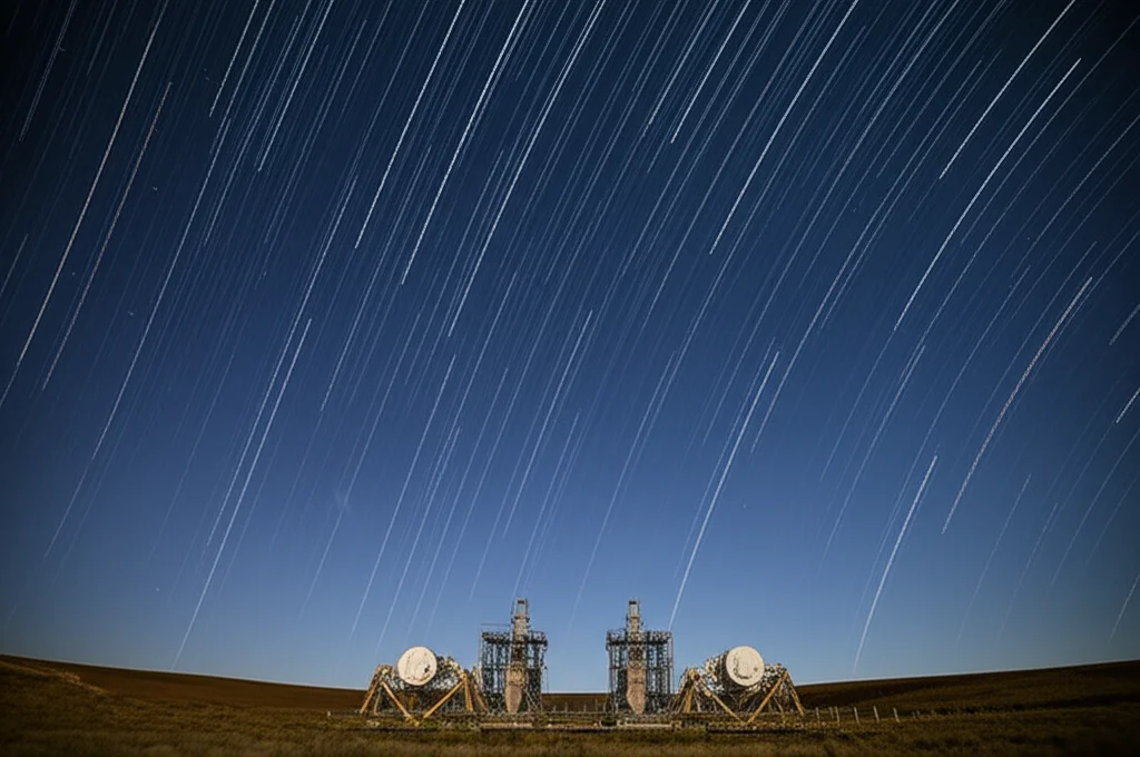 Fotografia grandangolare del paesaggio sopra il Sanford Underground Research Facility (SURF), con indicazioni sottili di strutture scientifiche sotterranee, cielo notturno stellato, lunga esposizione per catturare il movimento delle nuvole e la nitidezza delle stelle, obiettivo grandangolare 15mm.