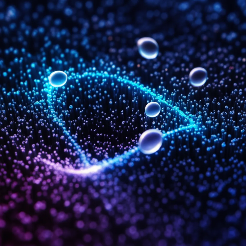 Microscopica visualizzazione delle fluttuazioni quantistiche del vuoto, particelle virtuali che appaiono e scompaiono in uno spazio-tempo astratto e vibrante; macro lens, 90mm, high detail, precise focusing, controlled dramatic lighting, toni blu scuro e viola elettrico.