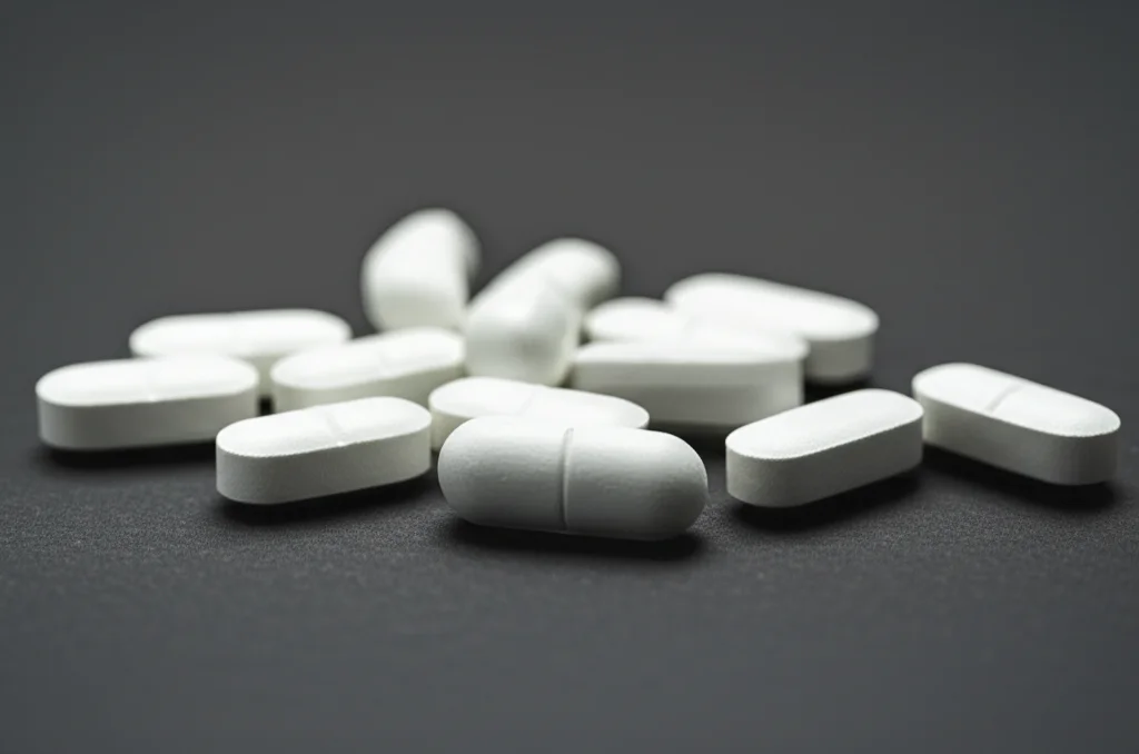 Confronto visivo tra diverse pillole antinfiammatorie (NA-FANS) e aspirina su sfondo neutro, illuminazione diffusa, obiettivo macro 70mm, messa a fuoco selettiva per evidenziare le differenze di forma e colore.