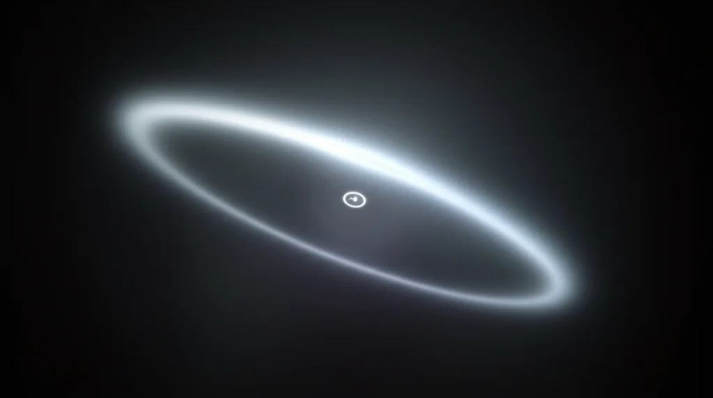 Illustrazione di una coppia particella-antiparticella virtuale che ruota rapidamente attorno a un centro comune su un piano definito dall'angolo azimutale phi, lasciando una scia luminosa breve a indicare la sua vita corta (modo UV); prime lens, 50mm, depth of field, sfondo nero cosmico profondo, effetto motion blur sulla scia.