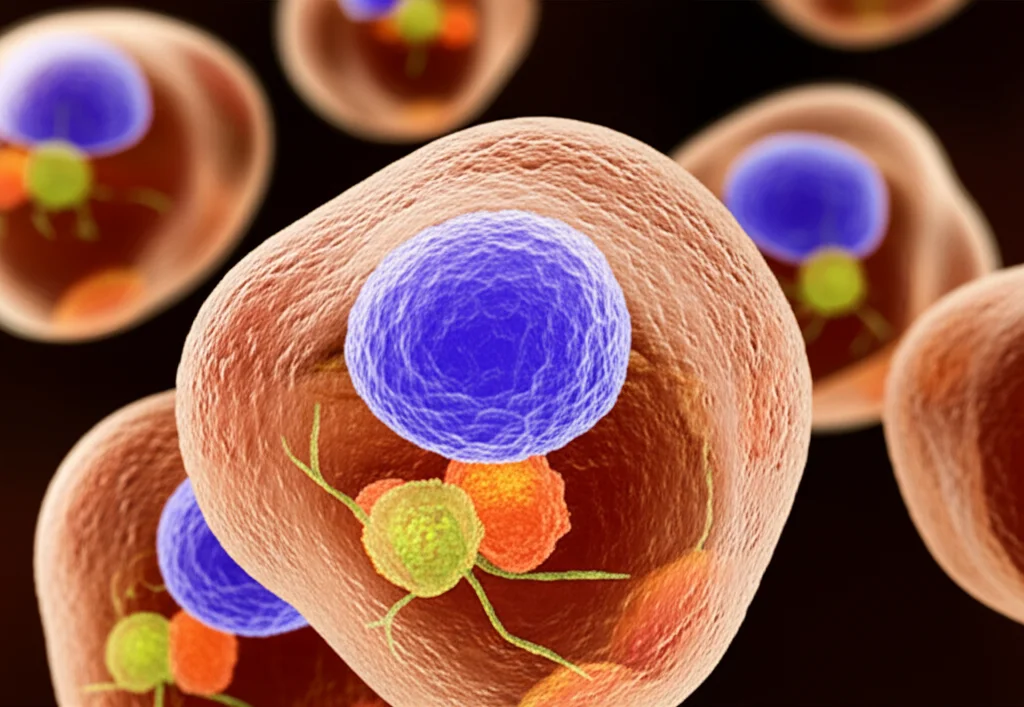 Visualizzazione 3D di una cellula di epatocarcinoma (HCC) con evidenziazione del nucleo e delle molecole di lncRNA PVT1 (rappresentate come filamenti luminosi arancioni) attivate dal segnale TGF-β1/Smad3 proveniente dall'esterno della cellula. Macro lens, 85mm, high detail, precise focusing, illuminazione controllata con sfondo scuro per enfatizzare le strutture molecolari.