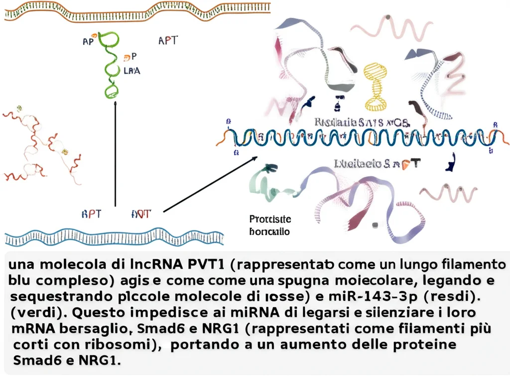 Schema grafico illustrativo del meccanismo ceRNA: una molecola di lncRNA PVT1 (rappresentata come un lungo filamento blu complesso) agisce come una spugna molecolare, legando e sequestrando piccole molecole di miR-186-5p (rosse) e miR-143-3p (verdi). Questo impedisce ai miRNA di legarsi e silenziare i loro mRNA bersaglio, Smad6 e NRG1 (rappresentati come filamenti più corti con ribosomi), portando a un aumento delle proteine Smad6 e NRG1. Stile infografica scientifica, high detail, colori contrastanti per massima chiarezza, sfondo bianco.