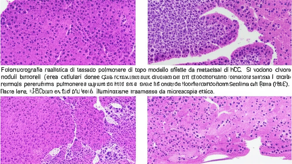 Fotomicrografia realistica di tessuto polmonare di topo modello affetto da metastasi di HCC. Si vedono chiaramente noduli tumorali (aree cellulari dense, basofile, con nuclei atipici) che sostituiscono il normale parenchima polmonare alveolare (strutture più chiare, ariose). Colorazione Ematossilina ed Eosina (HeE). Macro lens, 100mm, high detail, illuminazione trasmessa da microscopio ottico.