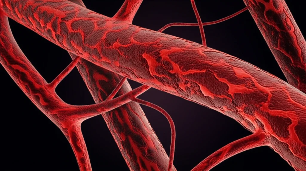 Visualizzazione 3D astratta e scientifica della microvascolatura tumorale, che mostra vasi sanguigni rossi intrecciati su sfondo scuro. Dettagli elevati, illuminazione drammatica laterale, stile macro fotografia 80mm, per illustrare la complessità vascolare.