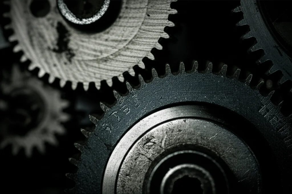 Immagine concettuale potente: un ingranaggio finemente lavorato, simboleggiante un'iniziativa di valore come l'ABI, è bloccato e arrugginito all'interno di un meccanismo organizzativo più grande e complesso, rappresentato da altri ingranaggi scuri e immobili. Macro lens 90mm, illuminazione drammatica con forti contrasti per evidenziare il blocco e la frustrazione, high detail sulla texture dell'ingranaggio bloccato.