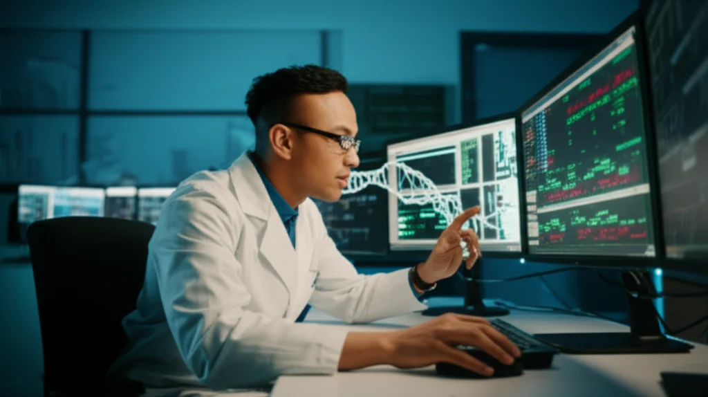 A researcher analyzing genetic data on computer screens in a modern laboratory setting, wide-angle lens, 24mm, high detail, controlled lighting.