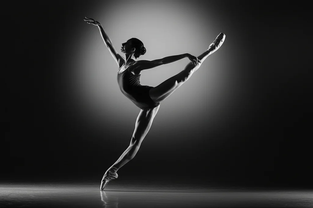 Fotografia di danza, una ballerina contemporanea in una posa che mostra estrema flessibilità (es. grand écart) ma con un'espressione di potenza controllata, in uno studio di danza moderno. Obiettivo prime 50mm, profondità di campo media, illuminazione drammatica laterale, bianco e nero con alto contrasto.