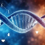 Immagine concettuale che rappresenta la complessità della Malattia di Fabry: una doppia elica di DNA stilizzata si intreccia con simboli del cuore e dei reni su uno sfondo astratto che suggerisce attività cellulare. Prime lens, 50mm, profondità di campo, colori caldi e freddi in duotono (blu e arancione).