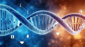 Immagine concettuale che rappresenta la complessità della Malattia di Fabry: una doppia elica di DNA stilizzata si intreccia con simboli del cuore e dei reni su uno sfondo astratto che suggerisce attività cellulare. Prime lens, 50mm, profondità di campo, colori caldi e freddi in duotono (blu e arancione).
