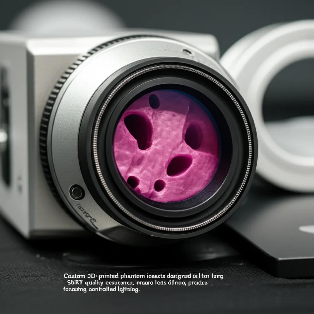 Custom 3D-printed phantom inserts designed for lung SBRT quality assurance, macro lens, 60mm, precise focusing, controlled lighting.