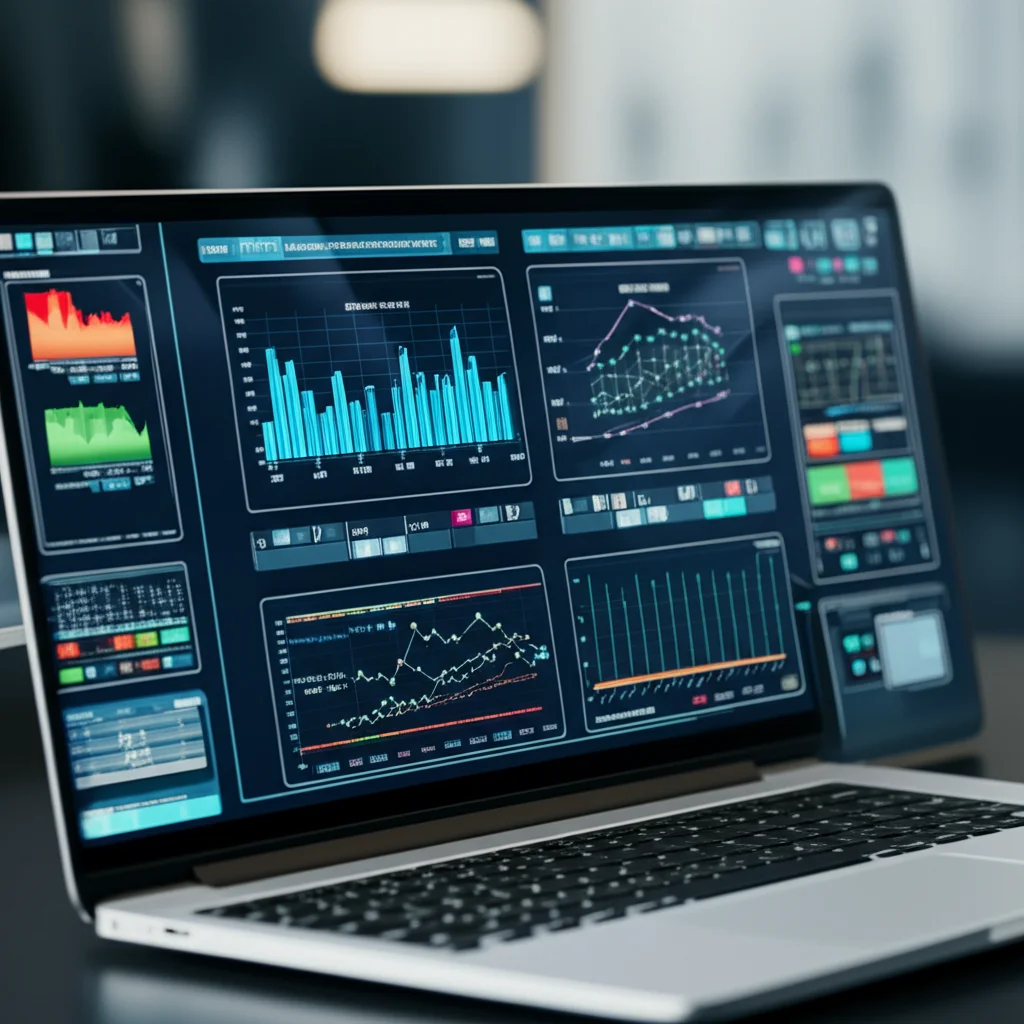 Screen displaying detailed graphs comparing predicted versus actual aircraft engine performance data (EGT, N1, VIB), digital interface, 35mm portrait lens, depth of field, high detail.