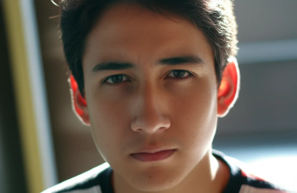 A portrait of a teenager, 24mm portrait, depth of field, hinting at internal struggle or the weight of experience.