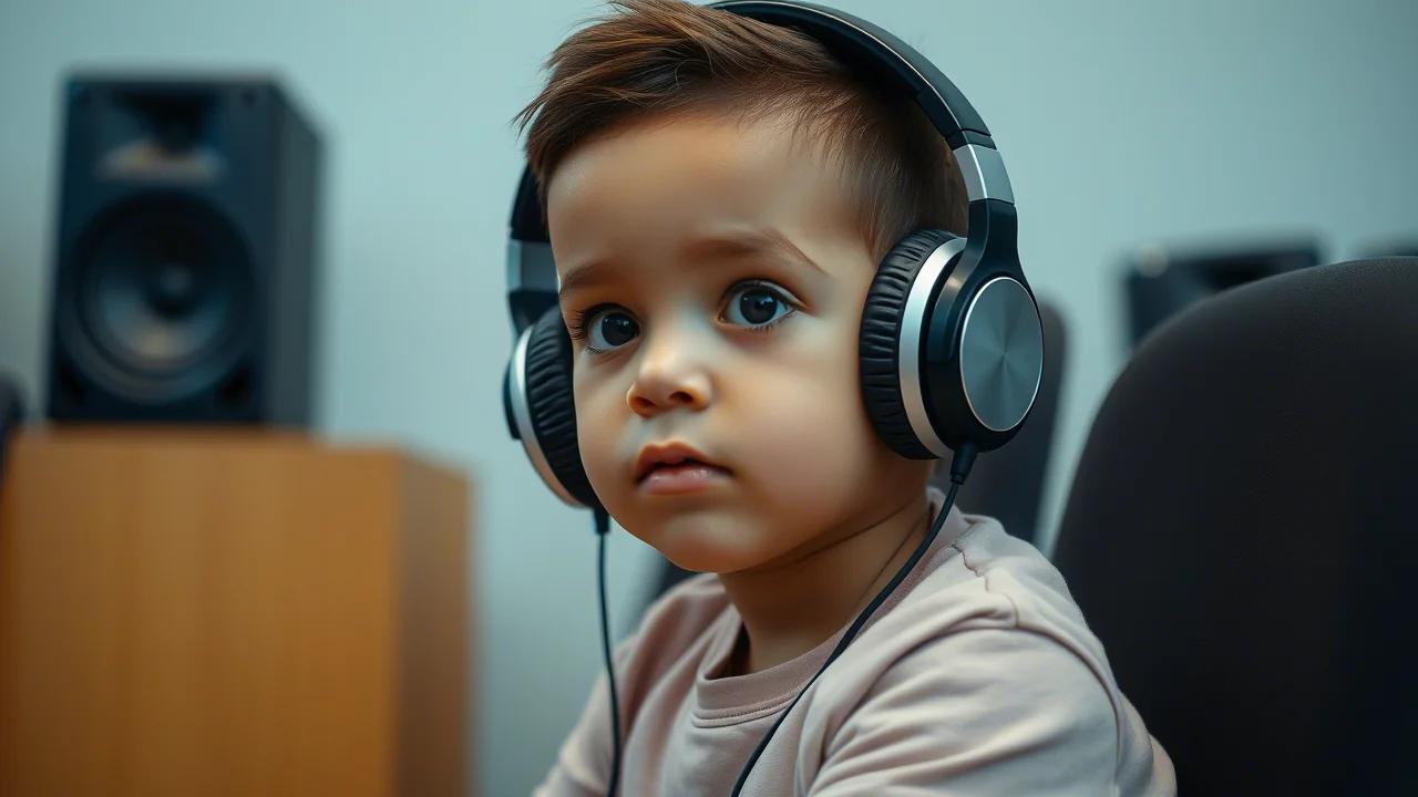 A child participating in a hearing test in a quiet room, speaker visible in the background, 35mm portrait, precise focusing.
