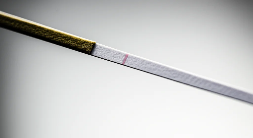 A close-up, macro lens photo of a fentanyl test strip reacting to a substance sample, showing a faint line indicating a potential result. High detail, precise focusing, controlled lighting.