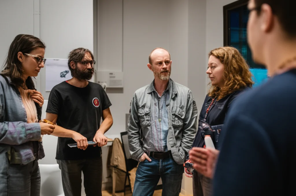 A diverse group of people gathered in a safe, well-lit room, potentially a harm reduction service, discussing drug checking options. 35mm portrait, depth of field, natural lighting.