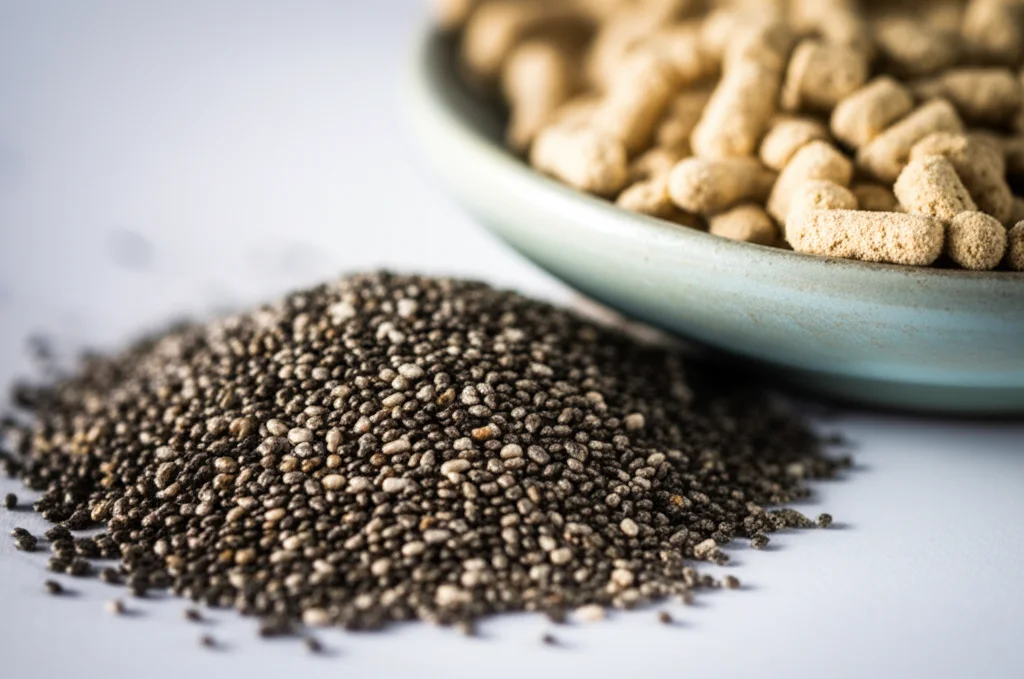 Photorealistic still life of a pile of small, dark chia seeds next to a small bowl of light-colored chicken feed pellets. Macro lens, 60mm, high detail, precise focusing, controlled lighting.