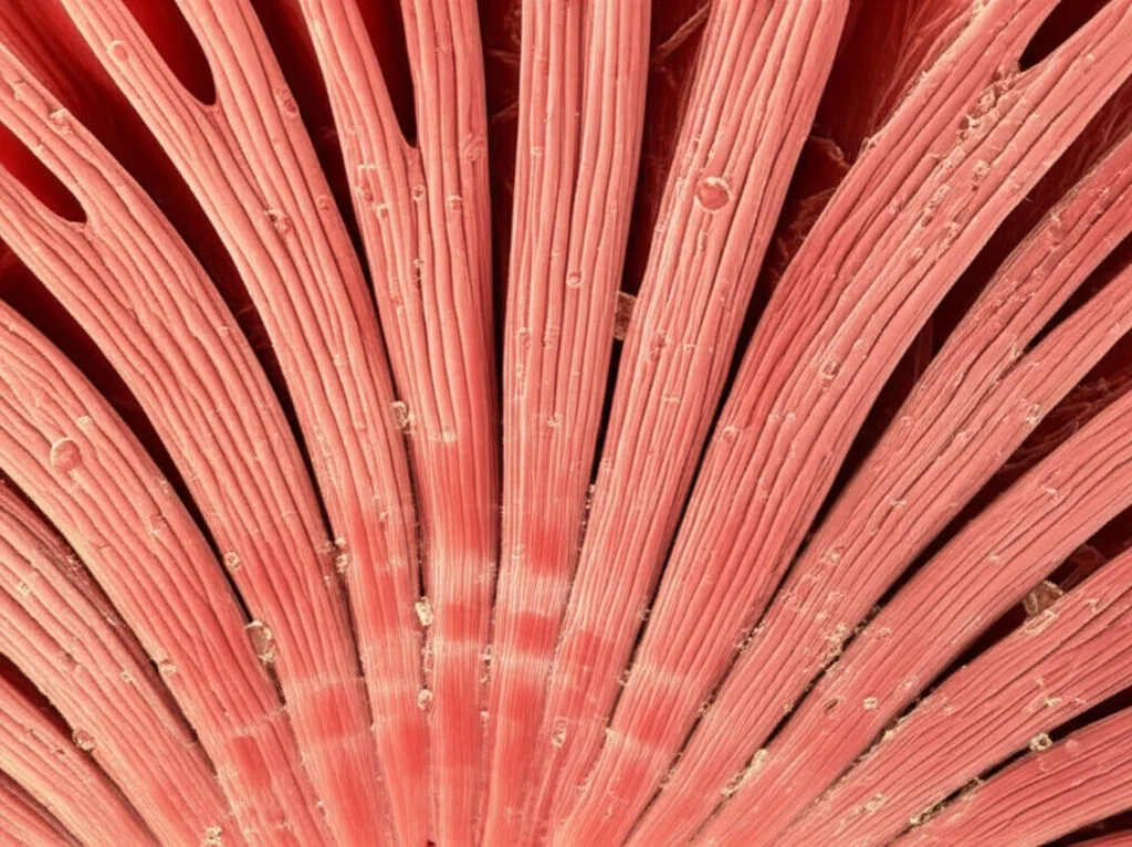 Photorealistic close-up microscopic view of chicken intestinal villi, showing the finger-like projections. High detail, precise focusing, controlled lighting, 100mm macro lens effect.