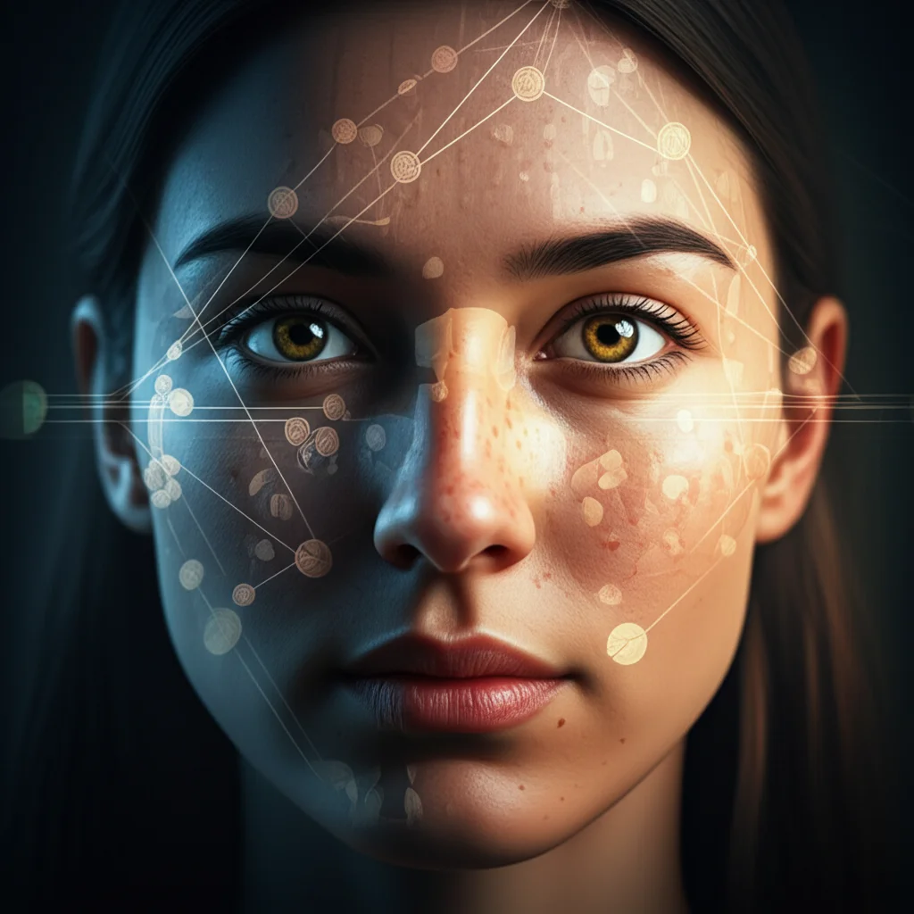 Photorealistic portrait, 24mm lens, depth of field, a person's head with subtle visual overlays representing interconnected concepts of intelligence, mental health, and physical well-being.