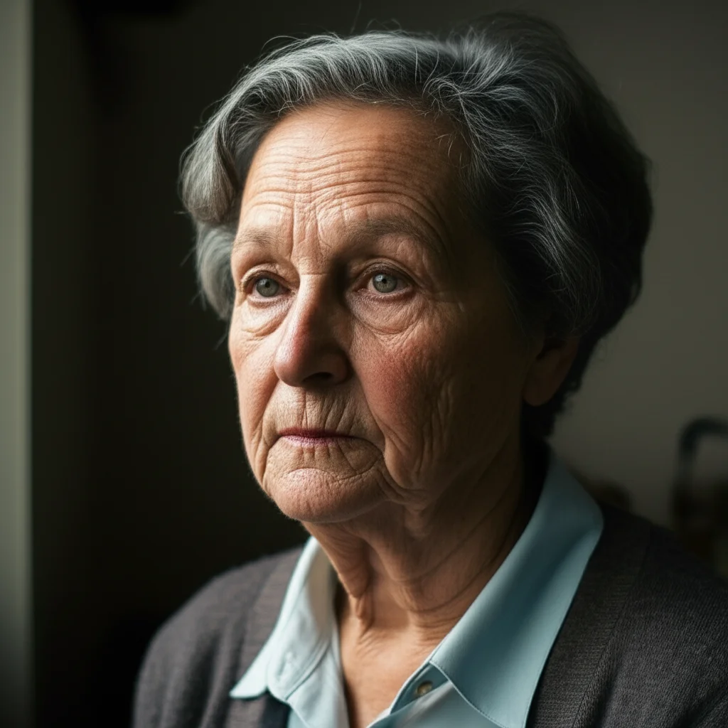 Portrait photography, 35mm portrait, depth of field, of an older woman looking concerned, representing a patient with osteoporosis.