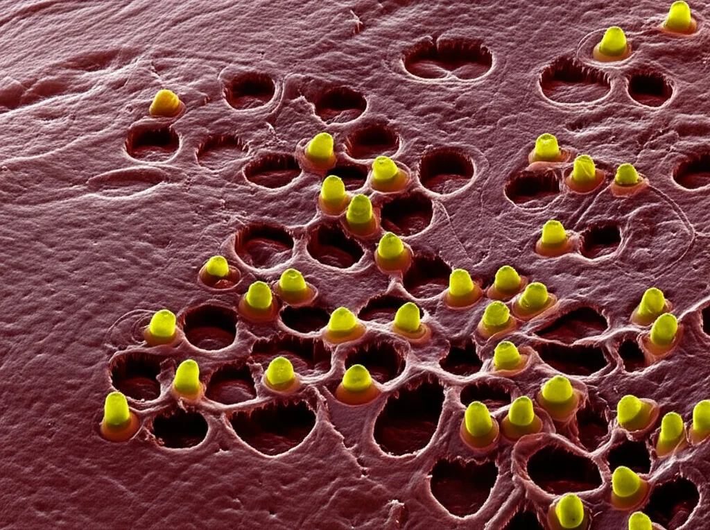 Macro lens, 105mm, high detail image of osteoclast cells on a bone surface, showing resorption pits, controlled lighting.