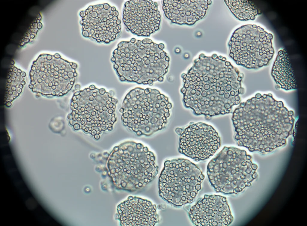 Object photography, 60mm macro lens, precise focusing, controlled lighting, showing tiny nanoparticles under a microscope, representing drug delivery systems.