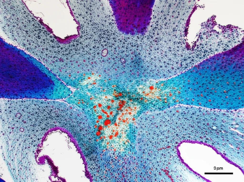 Object photography, 105mm macro lens, high detail, controlled lighting, showing a cross-section of mouse bone with fluorescent markers indicating nanoparticle accumulation.