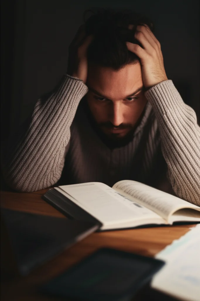 College student looking stressed while studying late at night, 35mm portrait, depth of field, low light