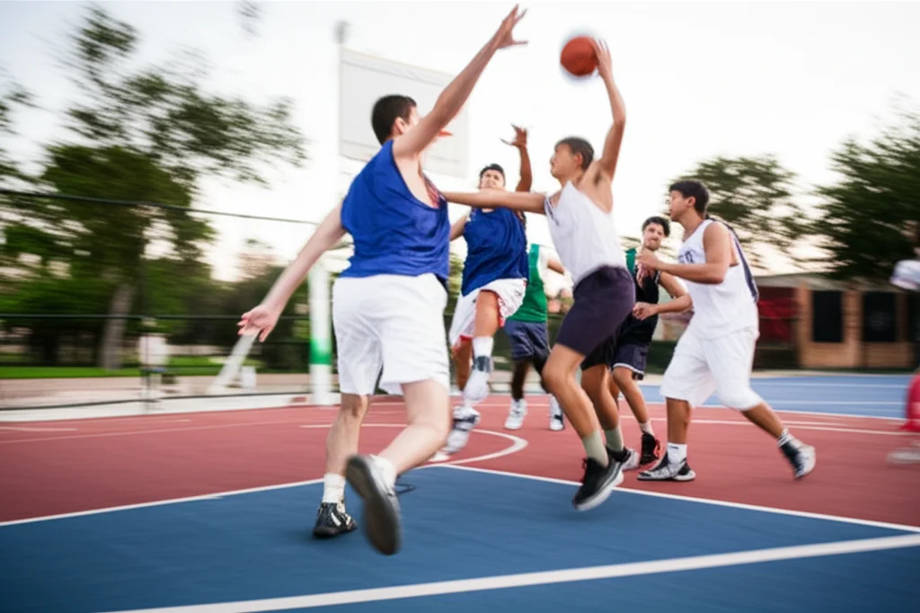 Group of college students playing basketball outdoors, telephoto zoom, 150mm, fast shutter speed, movement tracking, conveying teamwork and energy