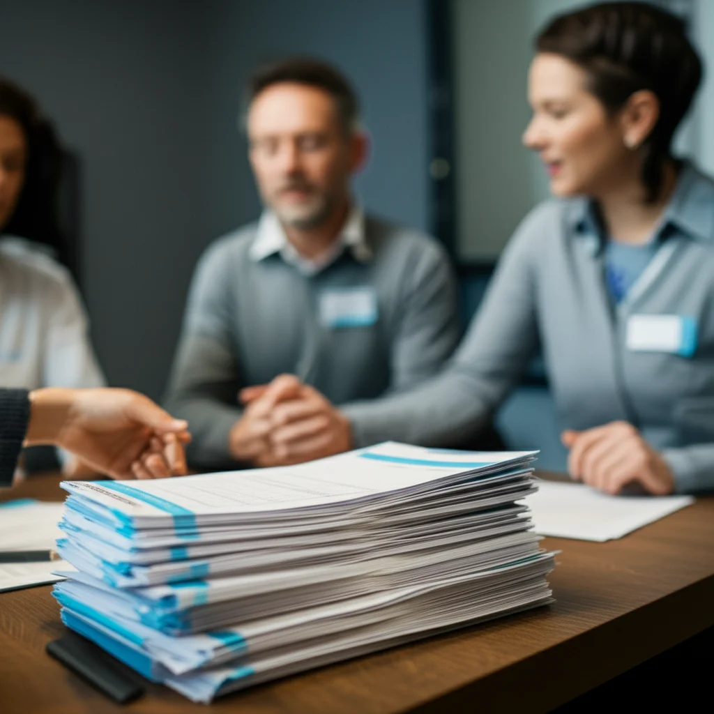 Healthcare professionals discussing a stack of translated questionnaires around a table, 35mm portrait, depth of field, natural light