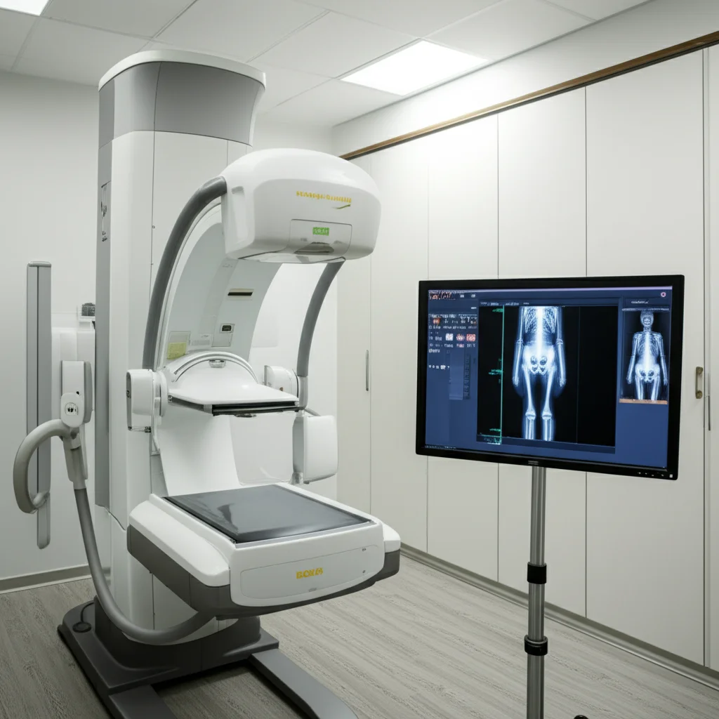 A photorealistic image of a modern dual-energy X-ray absorptiometry (DXA) machine in a clean clinical environment, wide angle 24mm, high detail, precise focusing, controlled lighting, showing a digital body composition scan on a nearby monitor.