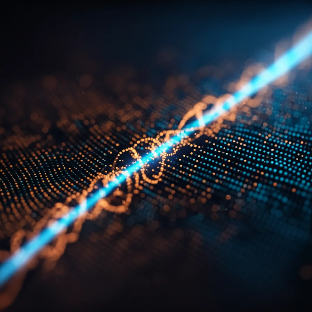 A photorealistic abstract visualization of biological age data points deviating from a chronological age line, macro lens 60mm, high detail, precise focusing, controlled lighting, rendered in blue and orange duotones, representing health prediction.