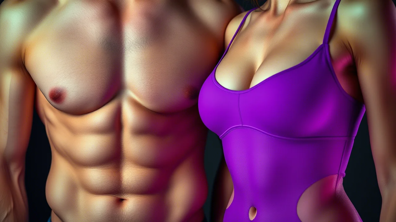 A photorealistic visualization showing subtle differences in body composition distribution patterns between stylized male and female figures, macro lens 100mm, high detail, precise focusing, controlled lighting, highlighting areas like the abdomen and chest with green and purple duotones.