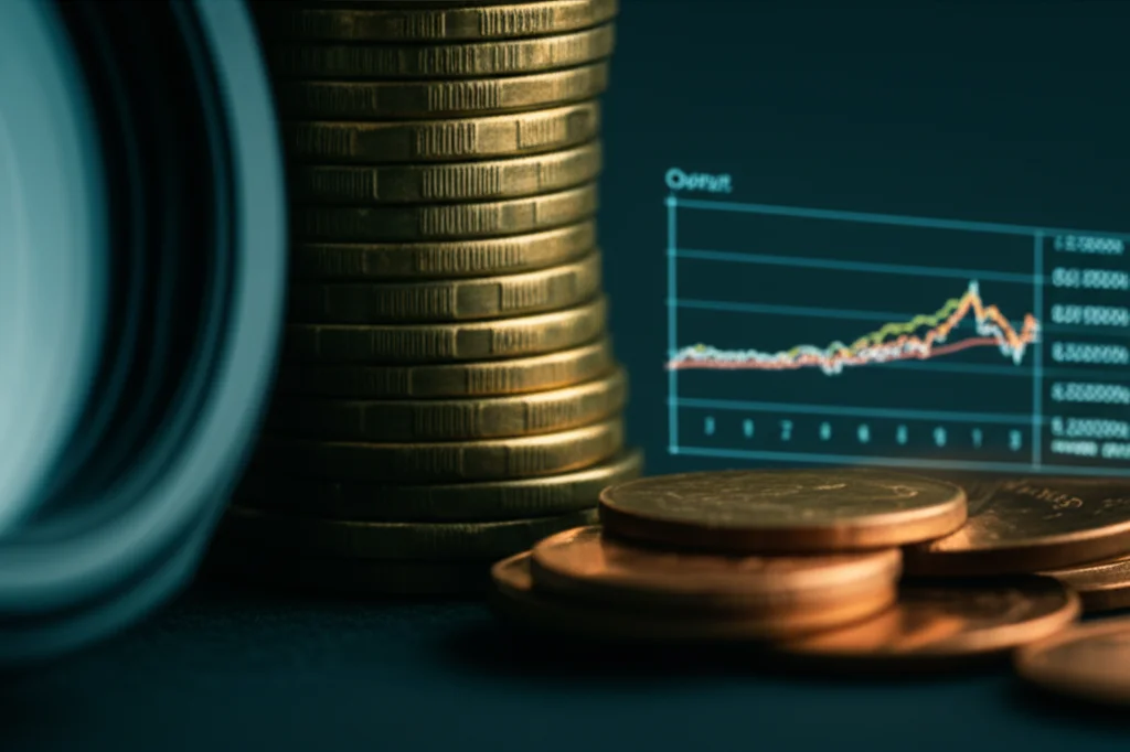 Macro lens, 60mm, high detail, precise focusing, controlled lighting photograph of stacked coins next to a small graph showing fluctuating economic data lines (output, prices, debt).