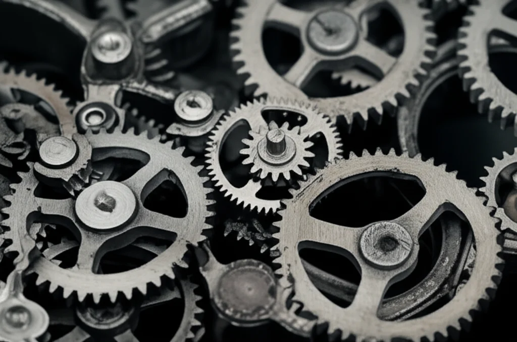 Wide-angle, 24mm, depth of field photograph showing a complex system of interlocking gears, some moving smoothly, others appearing stuck or grinding, representing the interaction and potential friction between monetary and fiscal policies.