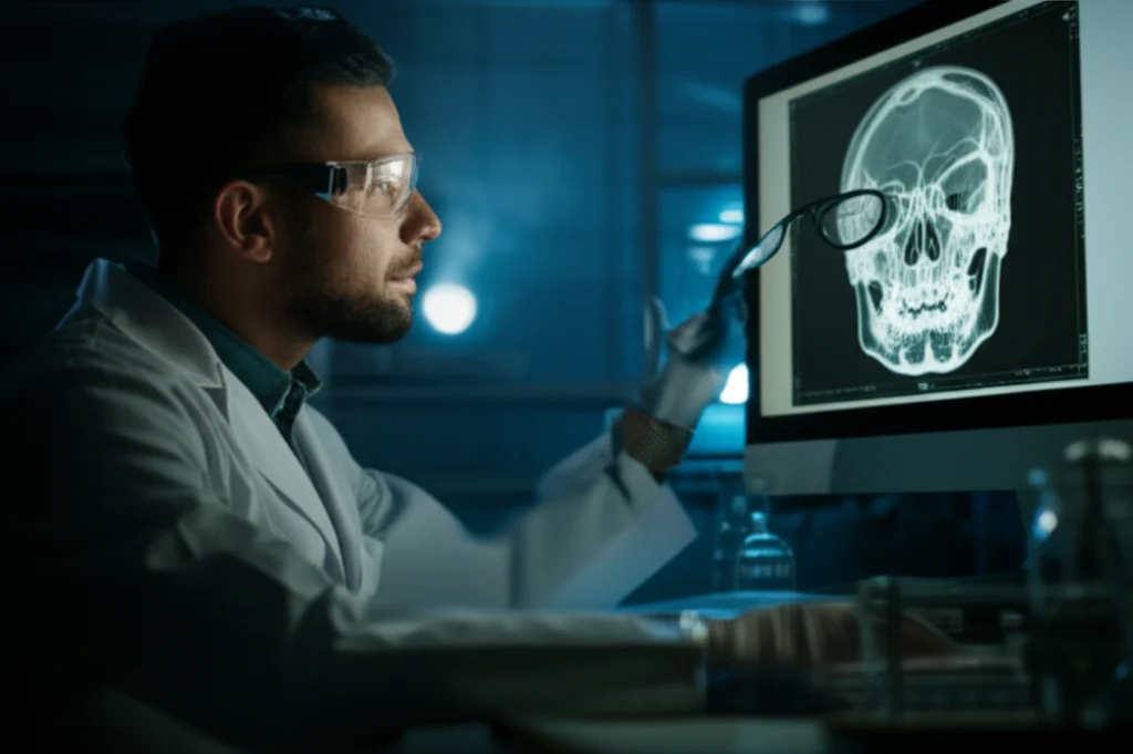 Photorealistic image depicting a forensic scientist examining a CT scan of a skull on a computer monitor in a dimly lit lab. 35mm portrait, depth of field, controlled lighting, emphasizing the focus on the digital image.