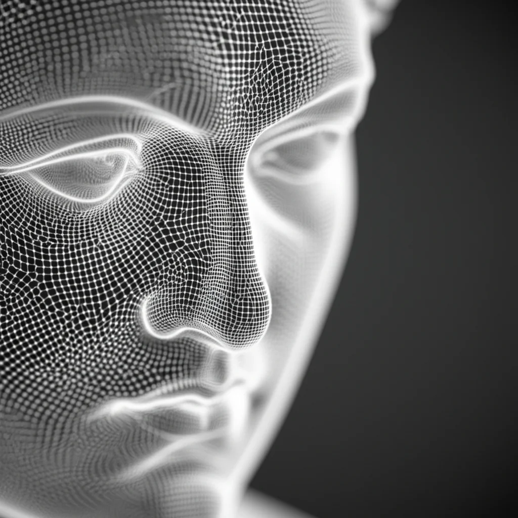 A photorealistic rendering showing a 3D point cloud of an ancient sculpture transforming into a line drawing, 60mm macro lens, precise focusing, controlled lighting, illustrating the process.