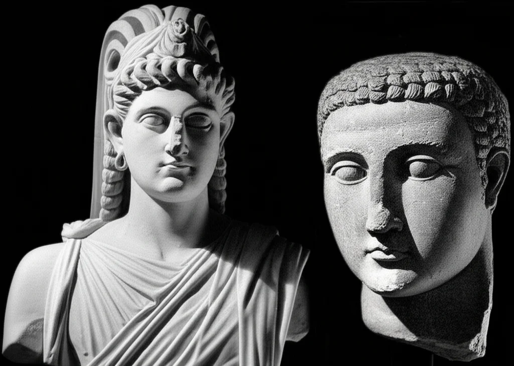 A photorealistic image depicting a collection of ancient stone sculpture line drawings generated by computer, 35mm portrait lens, depth of field, black and white film style, showcasing the detailed output.