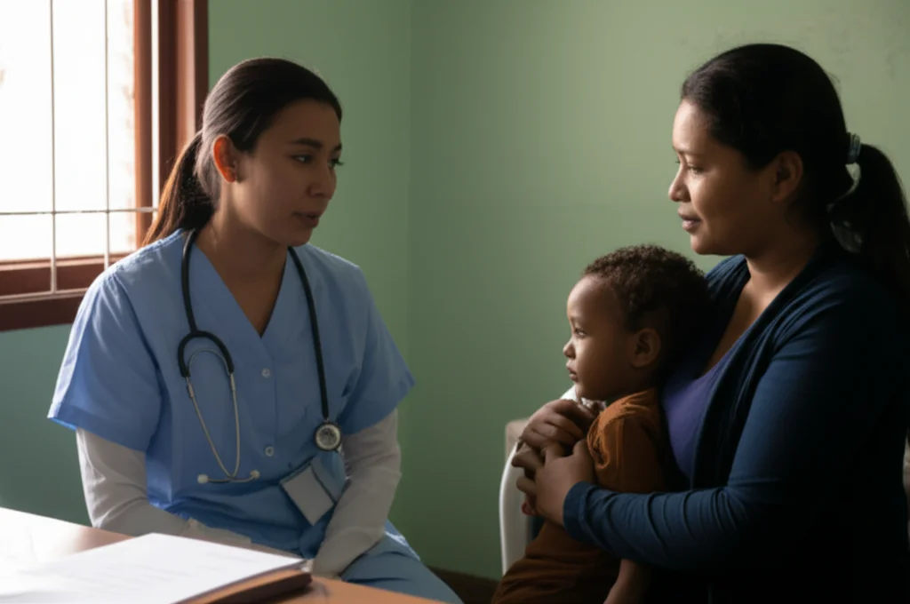A health worker talking compassionately with a mother and child at a simple clinic, 35mm portrait, depth of field, soft indoor light, photorealistic.