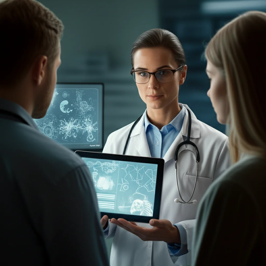 A doctor and patient looking at a tablet displaying abstract biological data visualizations, 35mm portrait, depth of field, warm lighting.