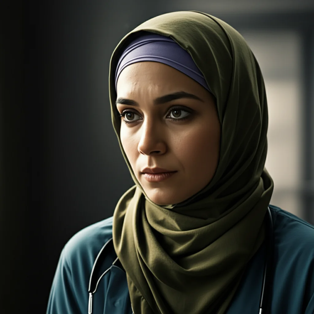 A close-up 35mm portrait of a thoughtful Muslim person in a healthcare setting, perhaps looking concerned, with a soft depth of field and controlled lighting. The focus is sharp on their face, conveying contemplation about medical choices.