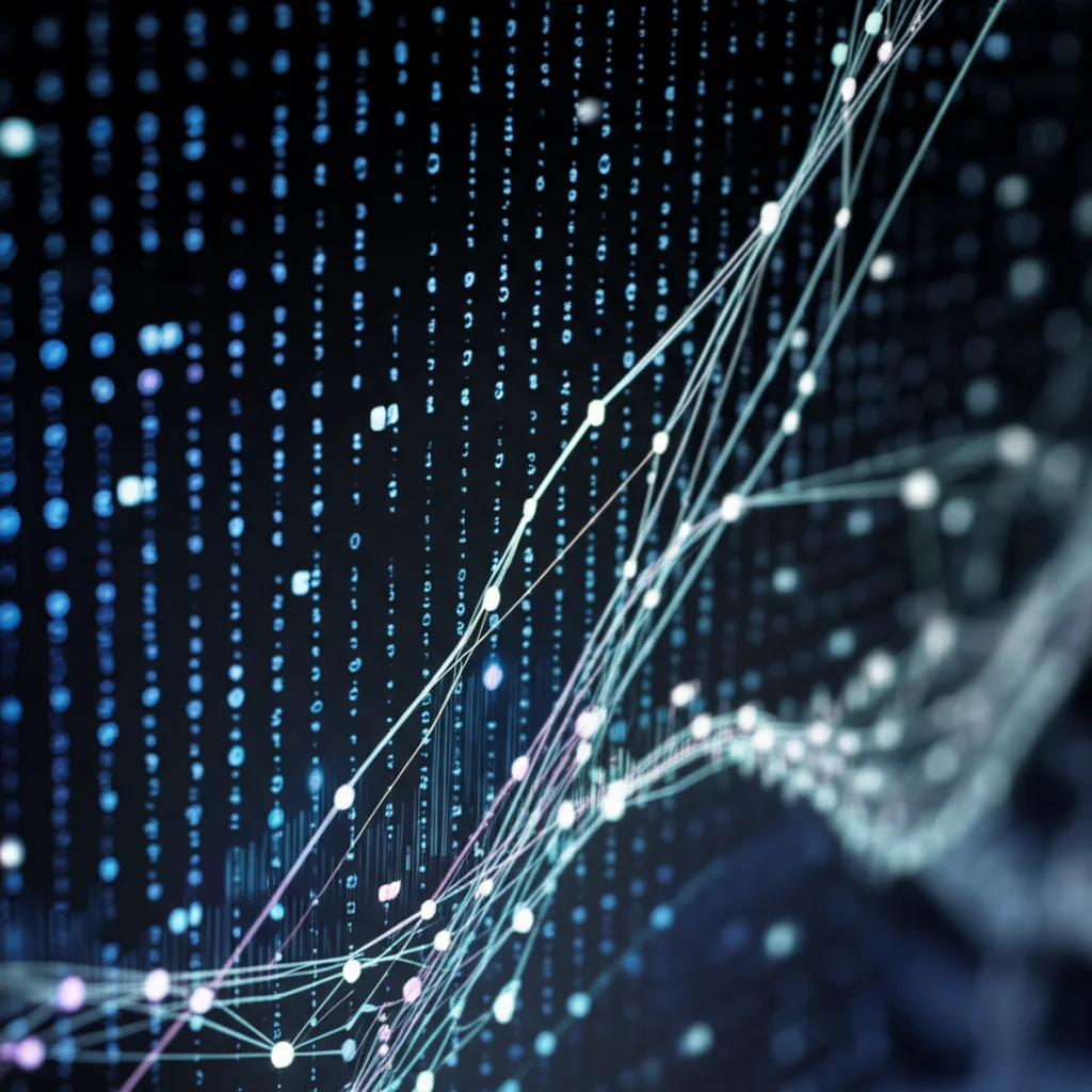 A complex network graph representing biological data analysis on a computer screen, macro lens, 105mm, high detail, precise focusing, controlled lighting