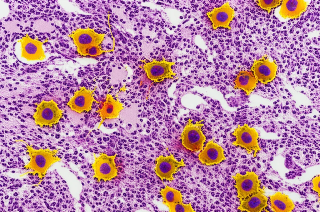 Microscopic view of immune cells interacting with cancer cells in a tissue sample, high detail, controlled lighting, 60mm macro lens
