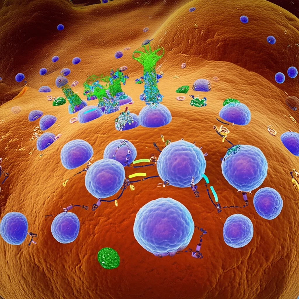 Stylized representation of cellular pathways and potential drug targets within a cell, wide angle, 24mm, sharp focus, vibrant colors