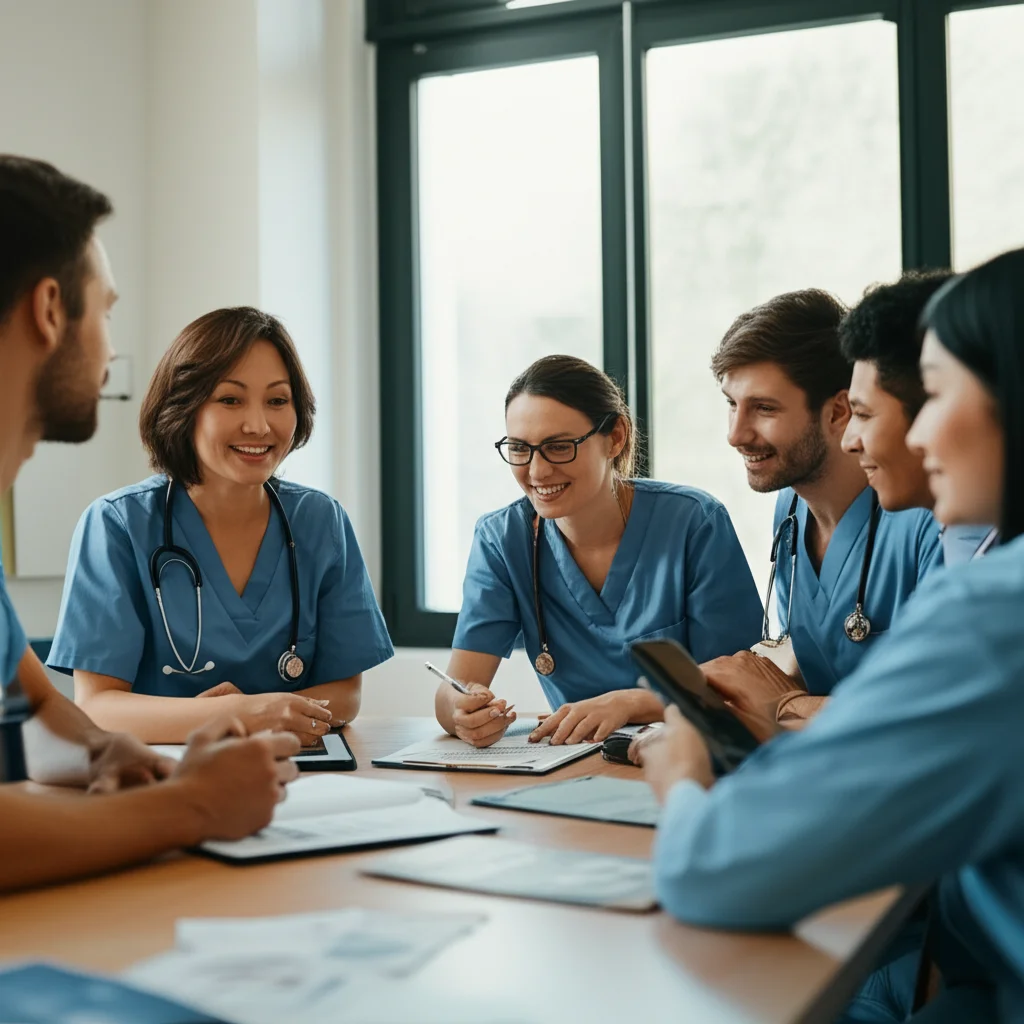 A group of healthcare professionals in a meeting room, discussing patient cases and collaboration strategies. 24mm zoom lens, precise focusing.